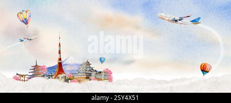 Flugzeuge fliegen in den Reisezielen Japans. Aquarellmalerei Illustration Mount Fuji und Architektur wunderschön mit Kirschblüte Blumen in Stockfoto