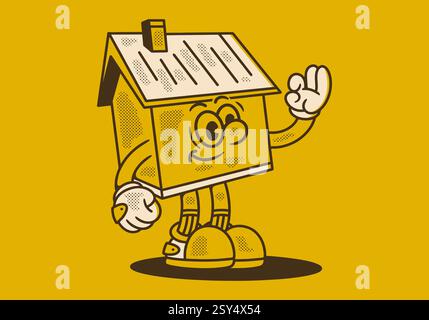 Charmante Vintage-Illustration eines skurrilen Zeichentrickhauses mit Armen und Beinen, die fröhlich winken, für eine einladende und fröhliche Atmosphäre Stock Vektor