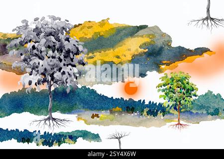 Abstrakte zeitgenössische Kunst für Hintergrund Aquarellmalerei bunt von Sonnenbaum natürliches Design gelb blau grün, handgezeichneter Pinselstrich. Art illus Stockfoto