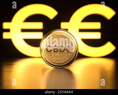 CBDC Central Bank digitale Währung goldene Münze vor dem Euro-Symbol in 3D-Abbildung. Eine neue Form von Geld, das von einer Zentralstelle elektronisch ausgegeben wird Stockfoto