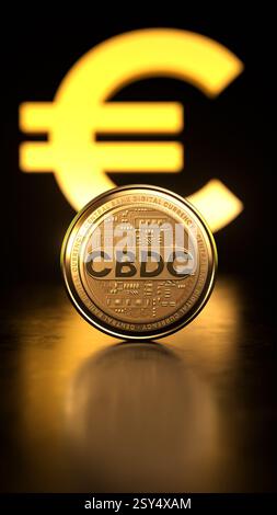 CBDC Central Bank digitale Währung goldene Münze vor dem Euro-Symbol in 3D-Abbildung. Eine neue Form von Geld, das von einer Zentralstelle elektronisch ausgegeben wird Stockfoto