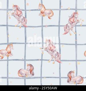 Nahtloses Aquarellmuster mit Einhorn und mehrfarbigen Sternen auf isoliertem kariertem Hintergrund. Handgezeichnete Illustrationen für Kinderzimmer-Tapeten, Baby Stockfoto