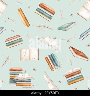 Nahtloses Muster mit Aquarellillustrationsbüchern mit Pflanzen und Schmetterlingen. Wiederholen Sie das Ornament, das auf dem Hintergrund isoliert ist. Öffnen und stapeln Sie Bücher mit Stockfoto