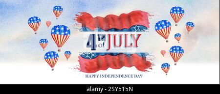 Kreative Einladung Flyer dekoriert mit blauen und roten Pinselstrichen, Sternmuster Heißluftballon amerikanische Flagge für 4. Juli, Happy Independence da Stockfoto