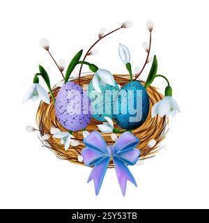Osterkomposition mit Nest, bunten Eiern, Schneeglöckchenblüten und Weidenreben und Bogen Stockfoto