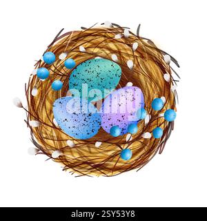 Osterkomposition mit Nest, bunten Eiern, blauen Beeren und Weidenreben Stockfoto