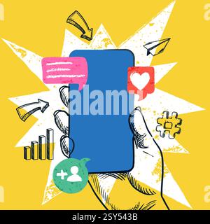 Menschliche Hand hält Smartphone mit Nachrichten und Social-Media-Symbolen. Kommunikation, Marketing, SMM-Konzept. Vektor bunte trendige Collage, flach illustr Stock Vektor