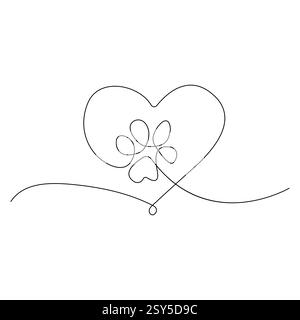 Hund Fußabdruck durchgehende eine Linie Zeichnung mit Tierpfote Symbol Umrissvektor Stock Vektor