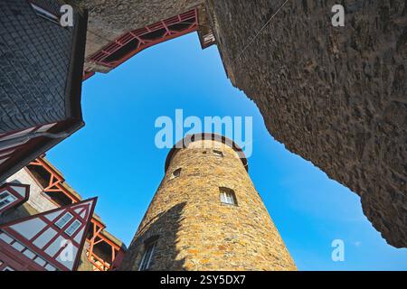 Schloss Stahleck, Blick auf die Spitze des Burgturms, UNESCO-Weltkulturerbe Oberes Mittelrheintal, Deutschland, Rheinland-Pfalz, Bacharach Stockfoto
