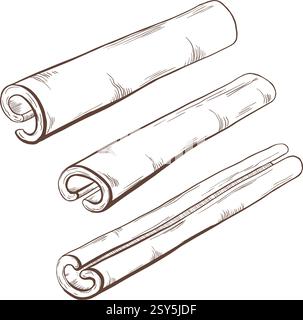 Zimtstangen in schwarz-weißer Vektor-Illustration für Gewürzverpackung, kulinarisches Branding, saisonale Designs. Ein vielseitiges Element für Speisen Stock Vektor