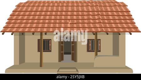 Ein kleines Haus mit einem braunen Dach und einer Veranda. Hüttenvektorillustration isoliert auf weißem Hintergrund Stock Vektor