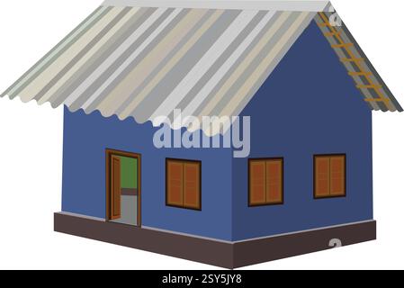 Ein blaues Haus mit einem schrägen Dach. Das Dach besteht aus Metall. Das Haus ist leer. Ländliches Lehmhaus mit Zinnraum isoliert auf weißem Hintergrund Stock Vektor
