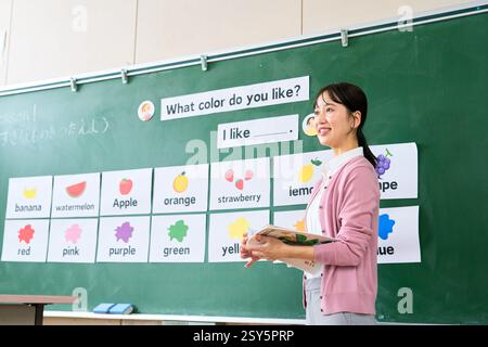 Japanische Lehrerin mit ihren Schülern vor Einem Blackboard Stockfoto