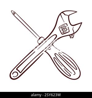 Strichgrafik-Illustration eines Kreuzschlüssels und Schraubendreherwerkzeugs für Reparatur und Wartung. Perfekt für Konstruktion und Ingenieurwesen. Stock Vektor