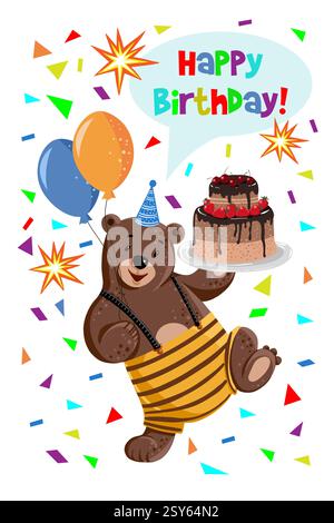 Geburtstagskarte mit Bär, Ballons und Kuchen Stock Vektor