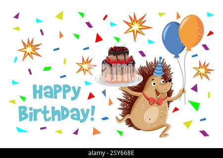 Igel mit Ballons und Kuchen, Geburtstagskarte. Stock Vektor