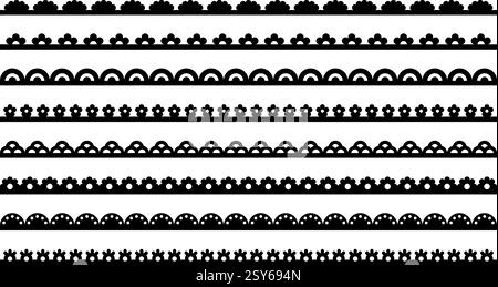 Muschelspitze. Rahmenrand mit Muster. Band mit Ornament auf Stoff. Satz von Vektorillustrationen mit Streifen isoliert auf weißem Hintergrund. Stock Vektor