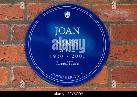 London, UK - 30. März 2023: Eine blaue Tafel an der Thackeray Street in London, Großbritannien, markiert den Ort, an dem die Schauspielerin Joan Sims lebte. Stockfoto