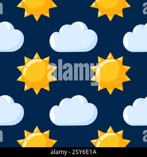 Wolke mit nahtlosem Sonnenmuster im Cartoon-Stil. Handgezeichnetes Wetter, Prognosehintergrund. Design für Kindertagetapeten, Verpackung. Stock Vektor