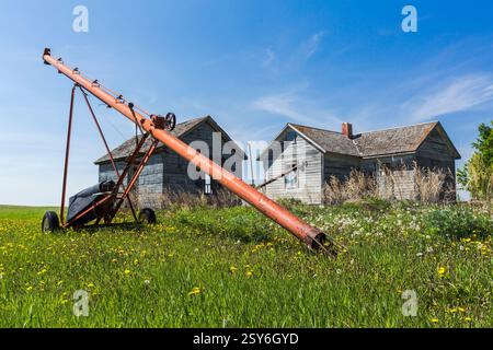 Roter Traktor befindet sich auf einem Feld neben einem Haus. Das Haus ist alt und hat einen Kamin Stockfoto