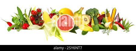Gemüse und Früchte Panorama isoliert auf weißem Hintergrund Stockfoto