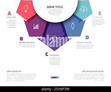 Die farbenfrohe Infografik zeigt Pfeile, die auf Symbole und Textbereiche zeigen und verschiedene Abschnitte veranschaulichen. Das Design verwendet lebendige Farben, um visuell zu sepernieren Stock Vektor
