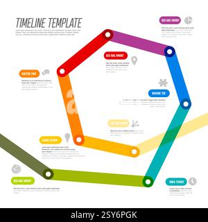 Eine lebendige polygonale Zeitachenvorlage mit mehrfarbigen Abschnitten und Platzhaltern für Text. Die Infografik enthält farbenfrohe Linien, Symbole und Text A Stock Vektor