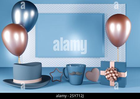 Vatertag-Dekoration mit blauen Ballons, einer Geschenkbox und einem Hut auf hellblauem Hintergrund. 3D-Rendering Stockfoto