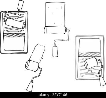 Die Malerwalze mit Strichen und Spuren Kompositionsset. Vektorgrafik-Linie Tinte Illustration isoliert dekorieren und malen, Reparatur Symbol. Stock Vektor