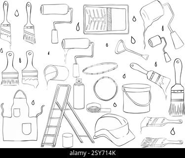 Malerwerkzeugsatz. Vektorgrafik Strichgrafik Illustrationssatz isolierte Instrumente Symbole Sammlung. Dosenöffner, Farbdose, Schürze, Eimer, Dose, Stock Vektor