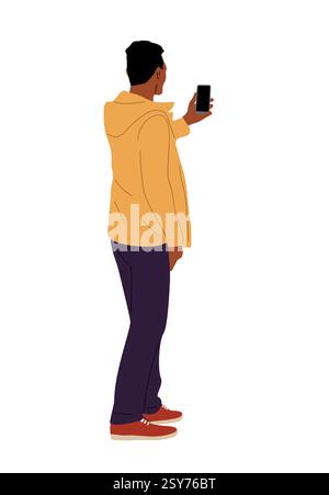 Ein schwarzer Mann in einer gelben Jacke hält das Handy Stock Vektor