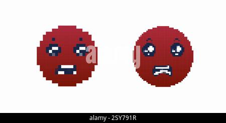 Digitalisierte Ausdrucksformen von zwei Pixel-Kunstgesichtern mit unterschiedlichen Emotionen in einfachen Rottönen Stock Vektor