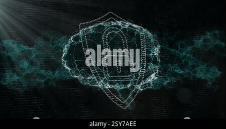 Abbildung: Schild mit Vorhängeschloss-Symbol über digitalem Gehirn auf schwarzem Hintergrund Stockfoto