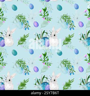 Wunderschöne farbenfrohe Eier, blaue Vögel, Schneeglöckchen, Weidenreben und blauer Bogen. Nahtloses Muster Stockfoto