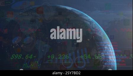 Bild der Globe und Datenverarbeitung über Diagrammen Stockfoto