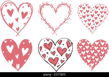 Set handgezeichneter Herzen mit einzigartigen Mustern und Texturen in Rot und weiß, auf weißem Hintergrund. Illustration zum Valentinstag Stock Vektor