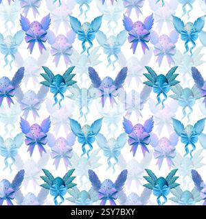 Wunderschöne bunte Eier mit Flügeln und schönen Bögen auf weißem Hintergrund, nahtloses Muster Stockfoto