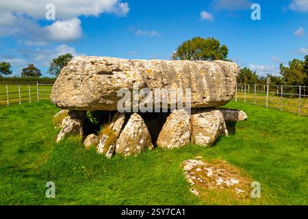Lligwy Burial Chamber, eine neolithische Grabkammer in Lligwy, nahe der Ostküste von Anglesey, Wales, Vereinigtes Königreich. Stockfoto