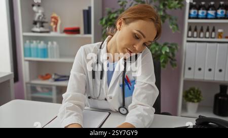 Frau Ärztin am Telefon, die in der Klinik arbeitet, mit weißem Mantel und Stethoskop, die sich auf Dokumente rund um medizinische Geräte und Akten im bac konzentriert Stockfoto