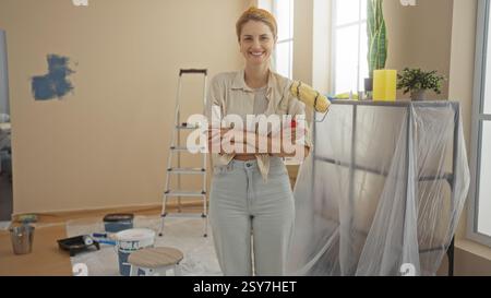 Frau, die in einem neuen Wohnraum steht, mit Malerwalze und überkreuzten Armen, die nach der Renovierung im Haus Zufriedenheit zeigt. Stockfoto