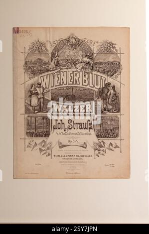 Wien, Österreich. Johann Strauss (25. Oktober 1825 in St. Ulrich bei Wien, † 3. Juni 1899 in Wien) Wohnung an der Praterstraße im 2. Bezirk, die Wohn- und Arbeitsräume der ursprünglichen Wohnung sind heute ein Musikerdenkmal, Poster für Wiener Blut, Walzer komponiert von Johann Strauss Stockfoto