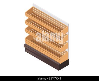 Isometrisches Holzregal mit mehreren horizontalen Ebenen. Hellbraune Holzdielen. Leeres Lagerregal. Möbel in Supermärkten oder Lebensmittelgeschäften. Ve Stock Vektor