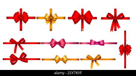 Farbige Bandkollektion. Dekorative Schleifen. Elemente für Geschenkverpackungen. Verschiedene Stile. Fließende Designs. Festdekoration. Akzente präsentieren. Vektor Stock Vektor