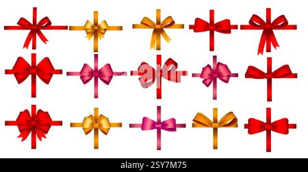 Farbige Bandkollektion. Dekorative Schleifen. Elemente für Geschenkverpackungen. Verschiedene Stile. Fließende Designs. Festdekoration. Akzente präsentieren. Vektor Stock Vektor