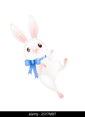 Entzückendes lächelndes Kaninchen mit blauem Band und Schleife. Lustiger positiver Hase mit langen Ohren. Süßes und verspieltes Kaninchen. 3D-Cartoon-Tierdesign. Vektorillus Stock Vektor