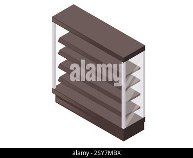 Isometrisches Holzregal mit mehreren horizontalen Ebenen. Schwarze Holzdielen. Leeres Lagerregal. Möbel in Supermärkten oder Lebensmittelgeschäften. Vektor i Stock Vektor