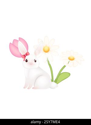 Flauschiges weißes Häschen mit rosa Schleife sitzt neben blühender rosa Tulpe und Kamille. Süßes und verspieltes Kaninchen. 3D-Cartoon-Tierdesign. Vektor krank Stock Vektor