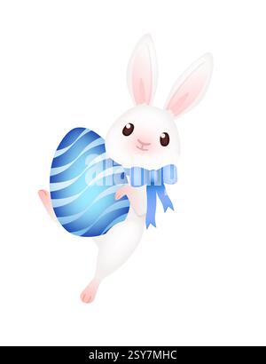 Entzückendes lächelndes Kaninchen mit blauem Band, das blau gestreiftes Ei hält. Lustiger positiver Hase mit langen Ohren. Süßes und verspieltes Kaninchen. 3D-Zeichentrickfilm Animal des Stock Vektor