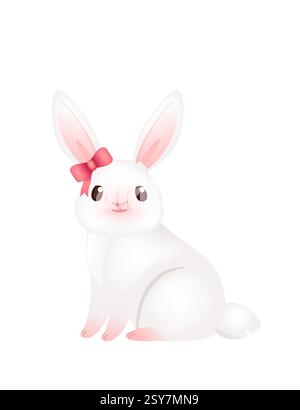 Entzückendes lächelndes Kaninchen mit rosa Schleife und Schleife. Lustiger positiver Hase mit langen Ohren. Süßes und verspieltes Kaninchen. 3D-Cartoon-Tierdesign. Vektorillus Stock Vektor
