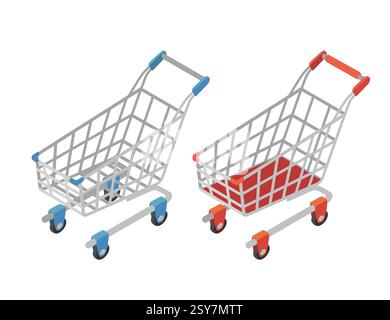 Set aus zwei isometrischen Einkaufswagen aus Stahl mit blauem und rotem Griff. Lebensmittelträger aus Metall. Supermarktausrüstung. Korb mit vier Rädern. Einzelhandelsgeschäfte Stock Vektor